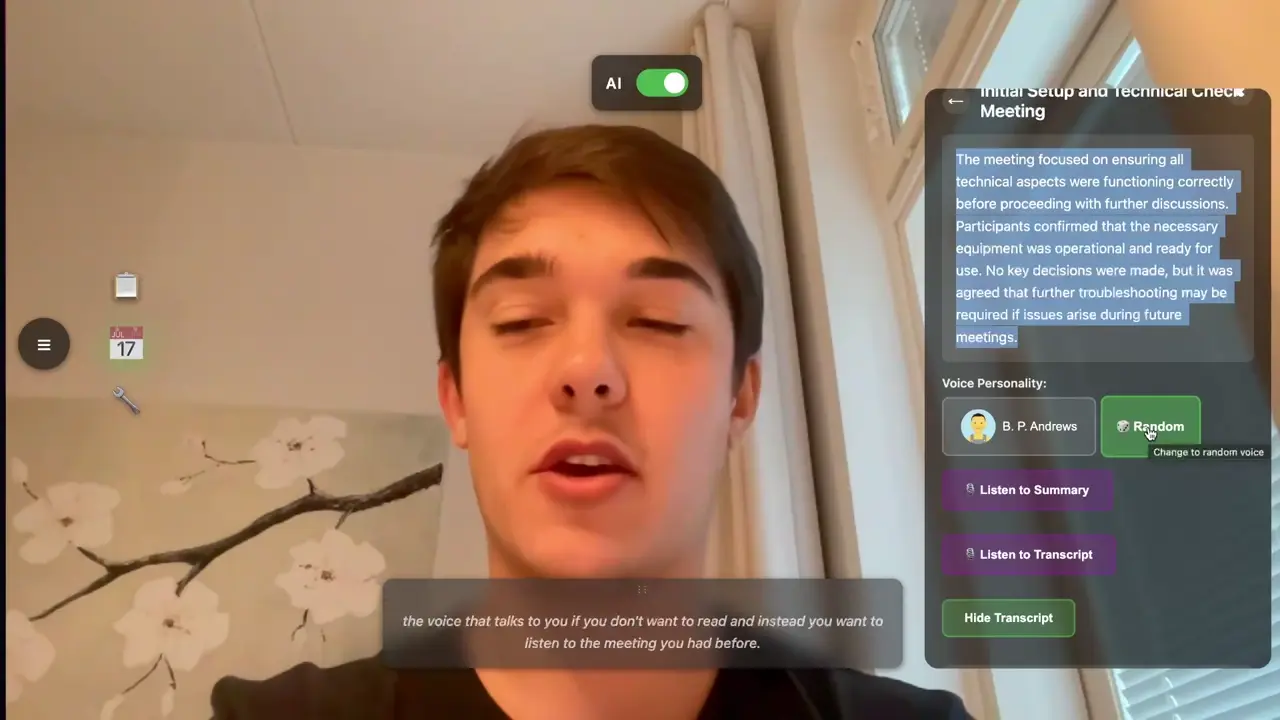 A meeting summary panel with voice options
